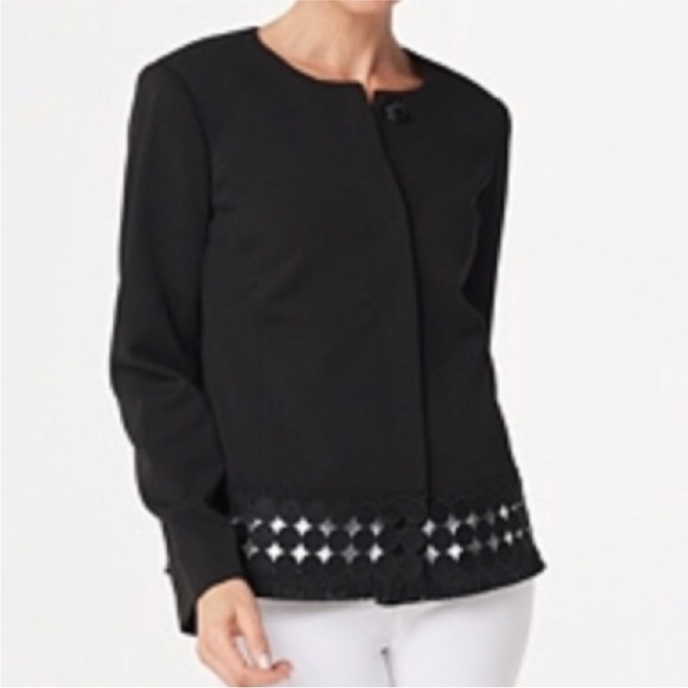Dennis Basso Black Luxe Crepe Button Front Jacket Fringe Trim Size 4 Nwt
